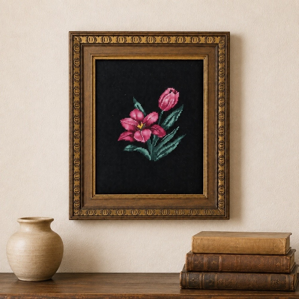 Vintage Needlepoint Pink Tulips Wall Art Gold Wood Frame Floral Cross Stitch